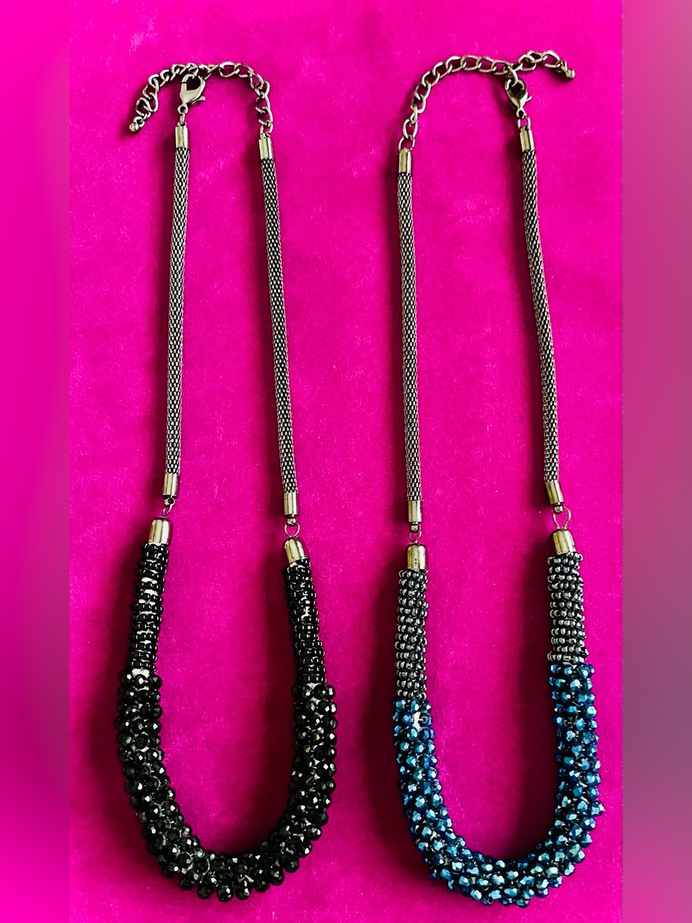 Crystals & black beads blue crystal & blue beads w/dark silver mesh necklaces 8”